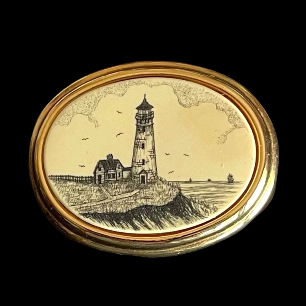 Vintage Barlow Lighthouse Landscape Brooch